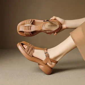 Casual Genuine Leather Buckle Strap Platform Round Toe Flat Sandals