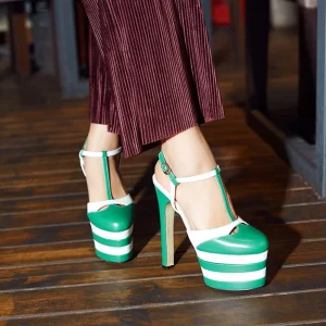 Genuine Leather Striped Thick Platform Bridal Wedding High Heels Pumps Sandals