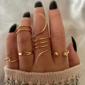 Casual Geometric Metal Minimalist Fashionable Irregular Adjustable Finger Ring Set 5 Pieces