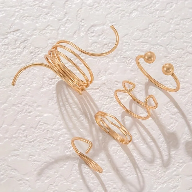 Casual Geometric Metal Minimalist Fashionable Irregular Adjustable Finger Ring Set 5 Pieces - Image 4