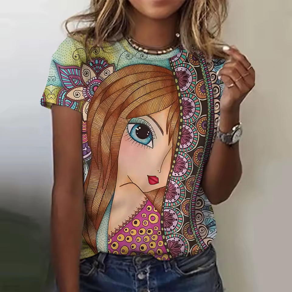 Casual Girls Face Painting Beautiful Short Sleeve 3d Floral T-Shirts