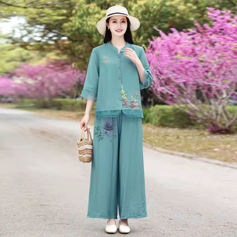 Casual Half Sleeve Top Retro Print Cotton and Hemp Set