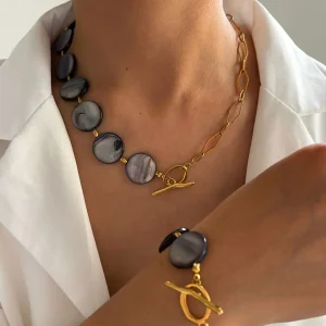 Casual High Quality Stainless Steel Round Natural Shell Necklace Bracelet Jewelry Sets