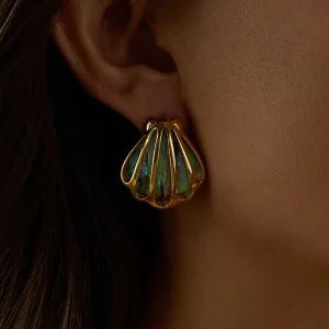 Casual Holiday Ocean Colored Abalone Shell 18K Gold Color Plated Stainless Steel Hollow Shell Earrings