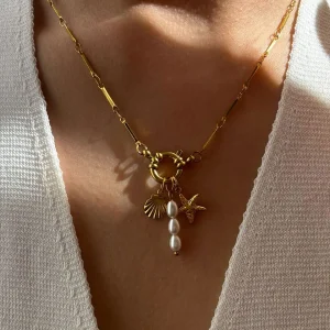 Casual Imitation Pearl Sea Star Shell Stainless Steel Pendant Choker Necklaces