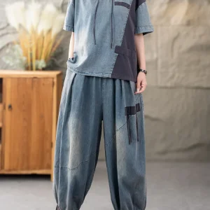 Casual Classic Jeans Pants Loose Hooded Tops Vintage Denim Fitness Suits Fashion 2 Pieces Sets