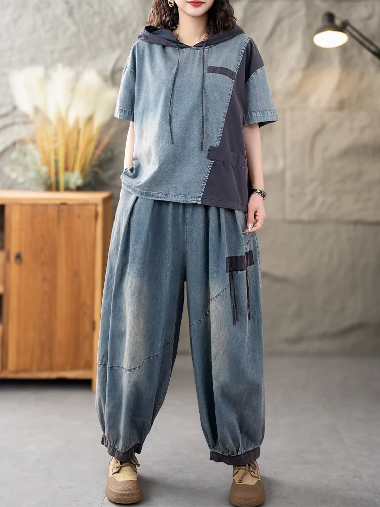 Casual Classic Jeans Pants Loose Hooded Tops Vintage Denim Fitness Suits Fashion 2 Pieces Sets