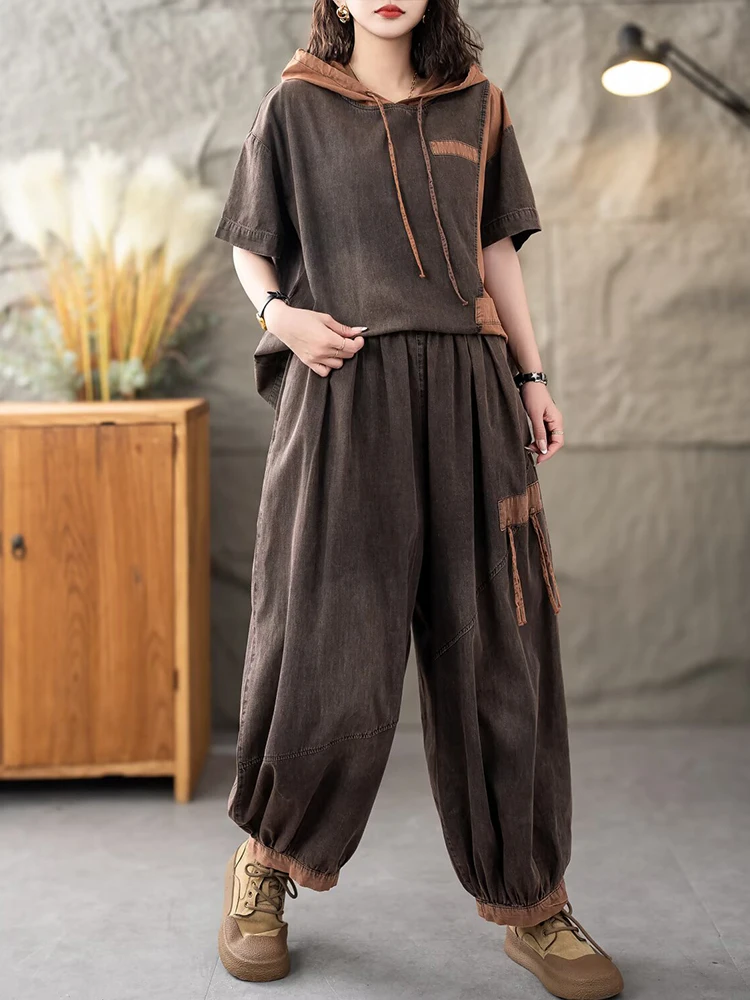 Casual Classic Jeans Pants Loose Hooded Tops Vintage Denim Fitness Suits Fashion 2 Pieces Sets - Image 10