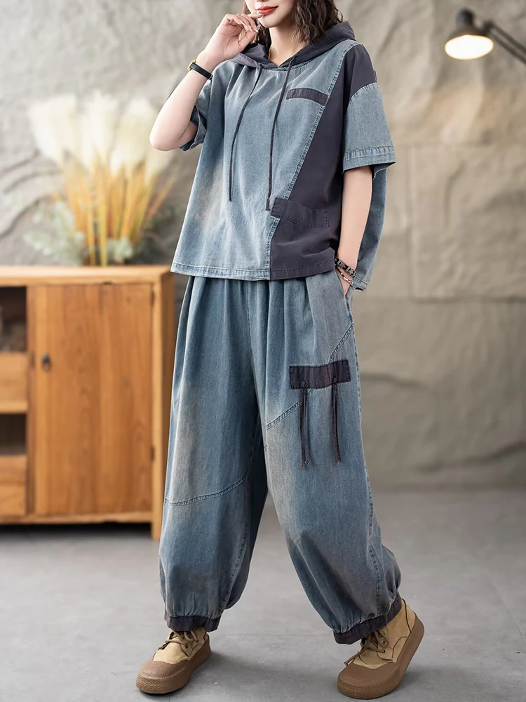 Casual Classic Jeans Pants Loose Hooded Tops Vintage Denim Fitness Suits Fashion 2 Pieces Sets - Image 2