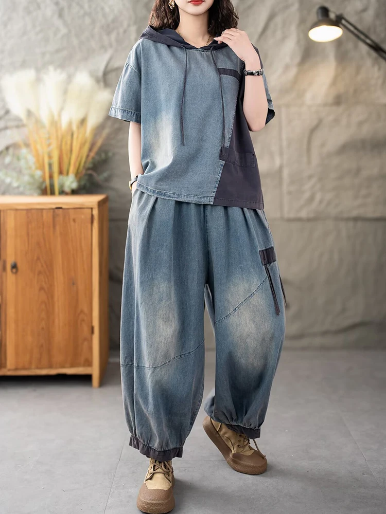 Casual Classic Jeans Pants Loose Hooded Tops Vintage Denim Fitness Suits Fashion 2 Pieces Sets - Image 3