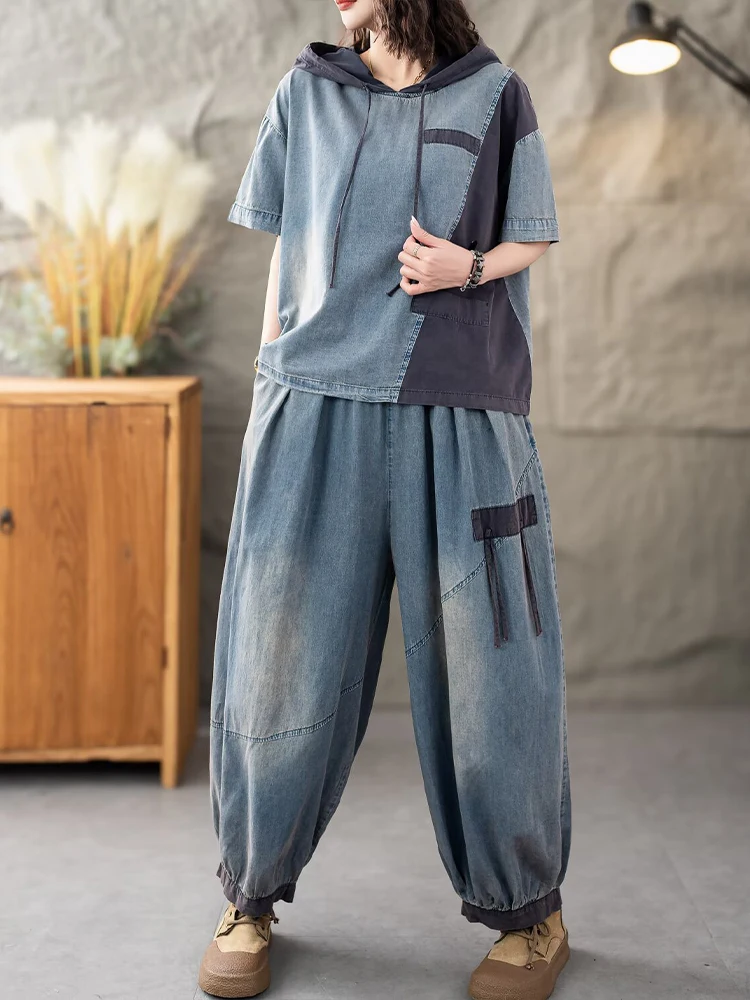 Casual Classic Jeans Pants Loose Hooded Tops Vintage Denim Fitness Suits Fashion 2 Pieces Sets - Image 4