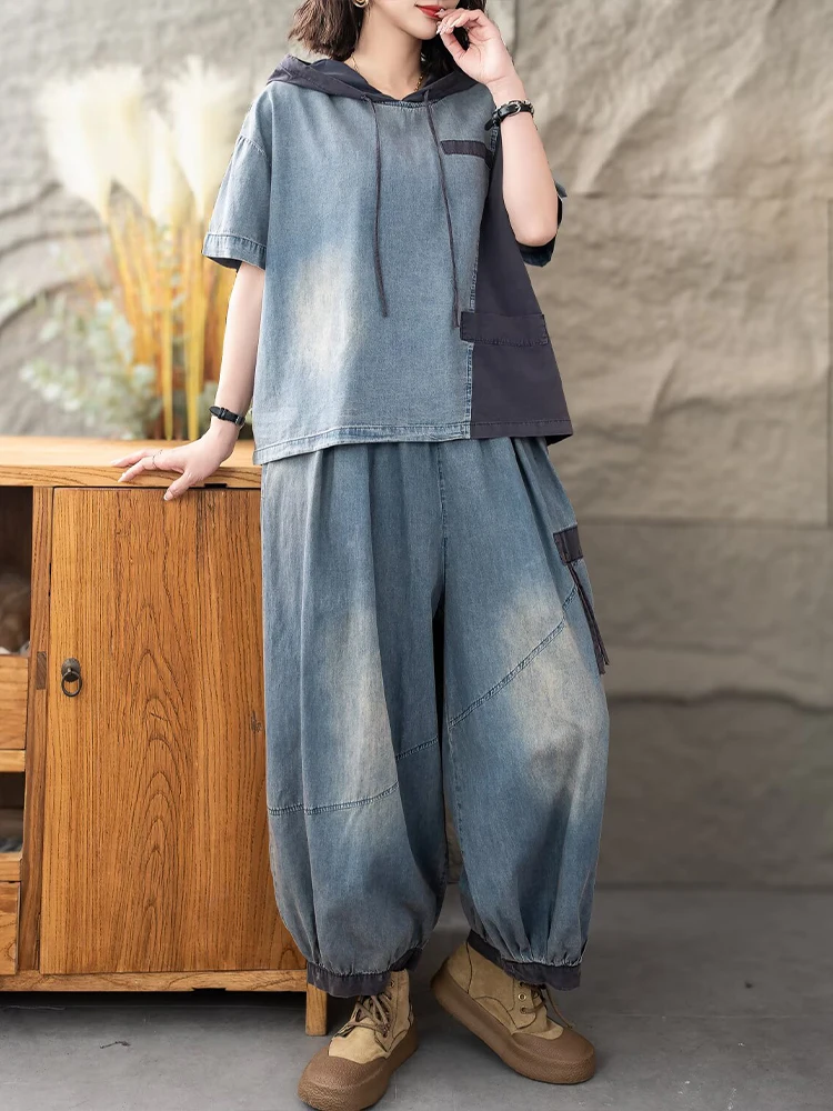 Casual Classic Jeans Pants Loose Hooded Tops Vintage Denim Fitness Suits Fashion 2 Pieces Sets - Image 5