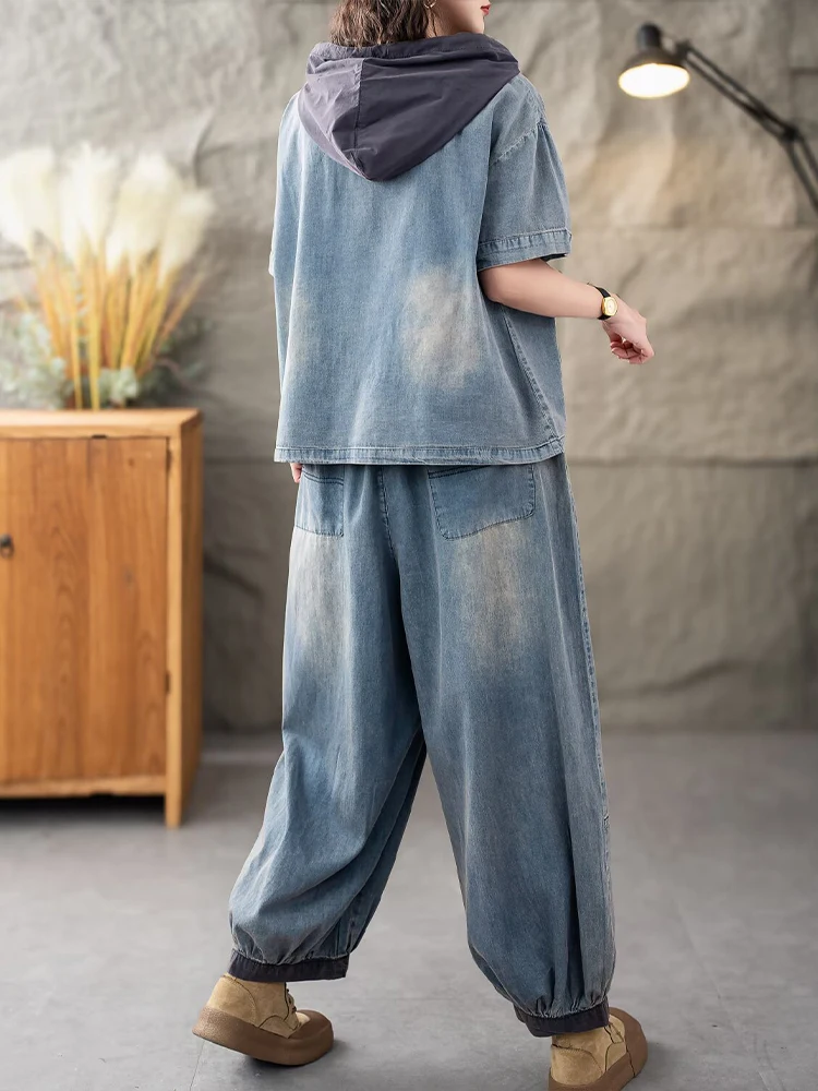 Casual Classic Jeans Pants Loose Hooded Tops Vintage Denim Fitness Suits Fashion 2 Pieces Sets - Image 6