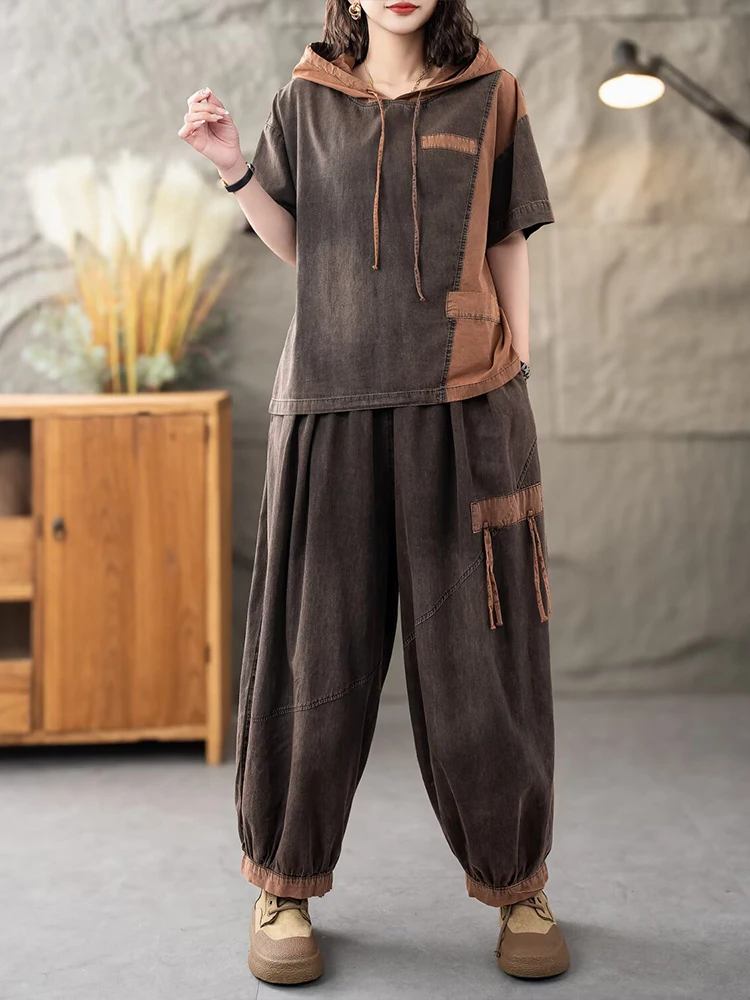 Casual Classic Jeans Pants Loose Hooded Tops Vintage Denim Fitness Suits Fashion 2 Pieces Sets - Image 7