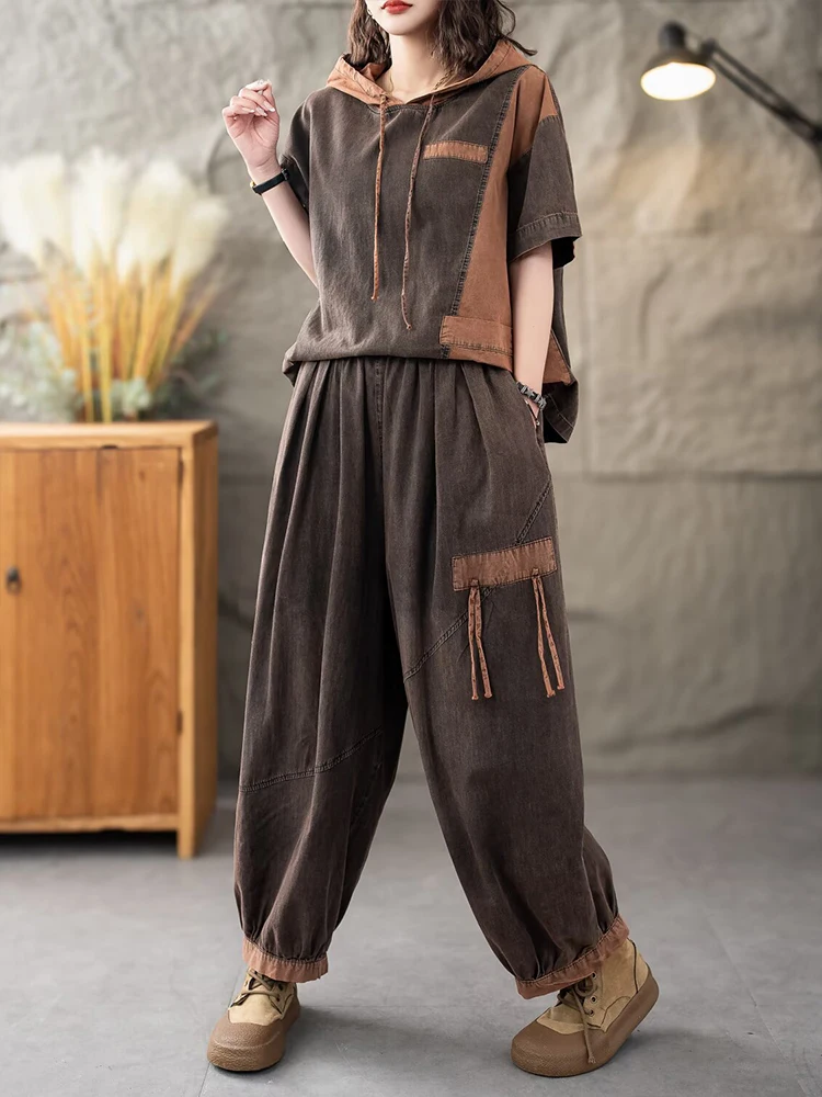 Casual Classic Jeans Pants Loose Hooded Tops Vintage Denim Fitness Suits Fashion 2 Pieces Sets - Image 9