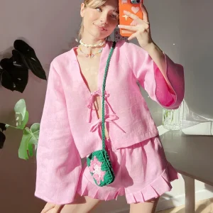 Casual Lace Up Long Sleeves Solid Color Shirt Top Shorts 2-Piece Set