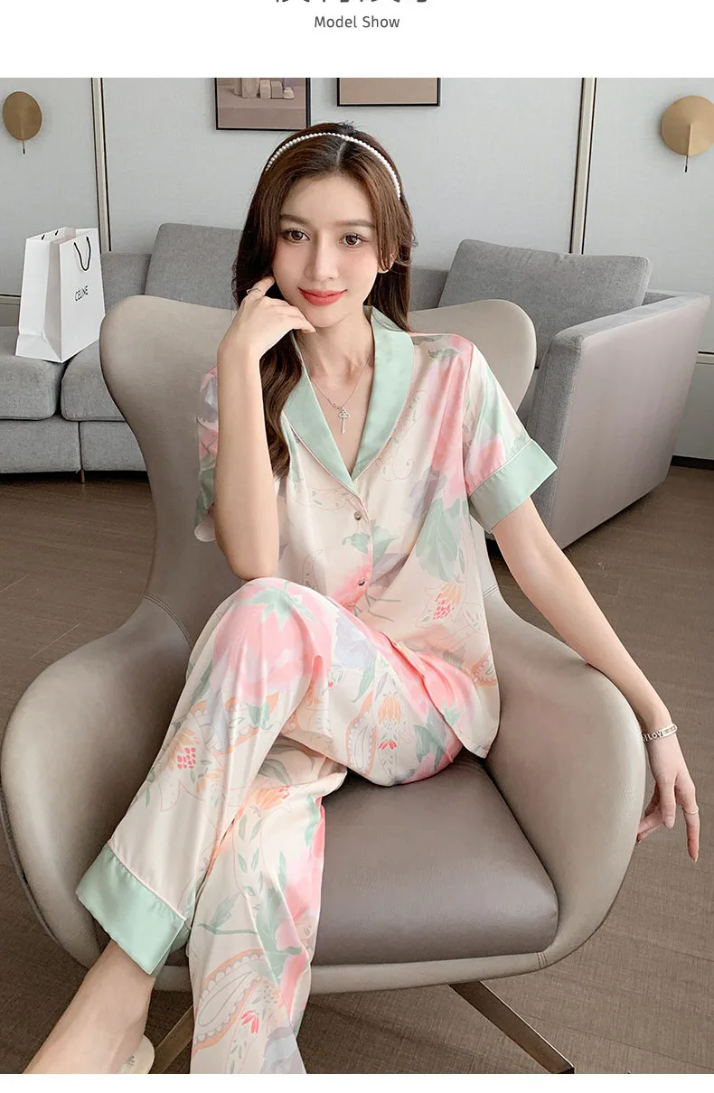 Casual Lapel Trousers Sleepwear Short Sleeve Long Loose Two -PCS Set