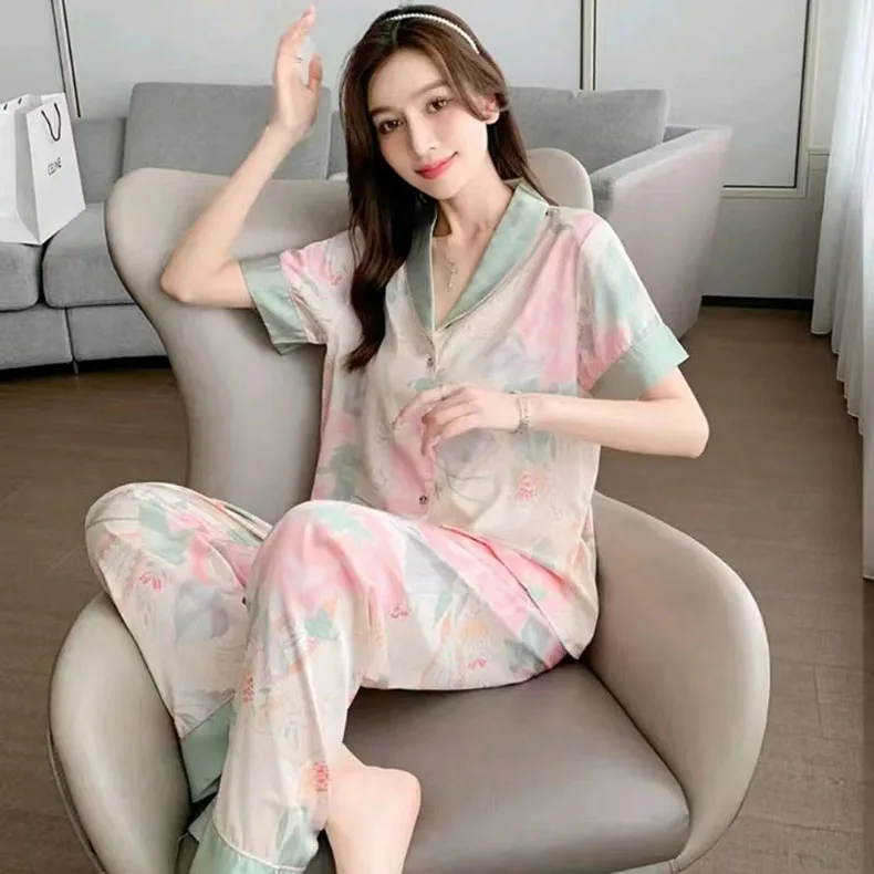 Casual Lapel Trousers Sleepwear Short Sleeve Long Loose Two -PCS Set - Image 2