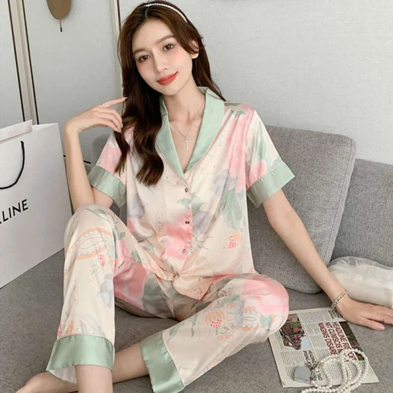 Casual Lapel Trousers Sleepwear Short Sleeve Long Loose Two -PCS Set - Image 3