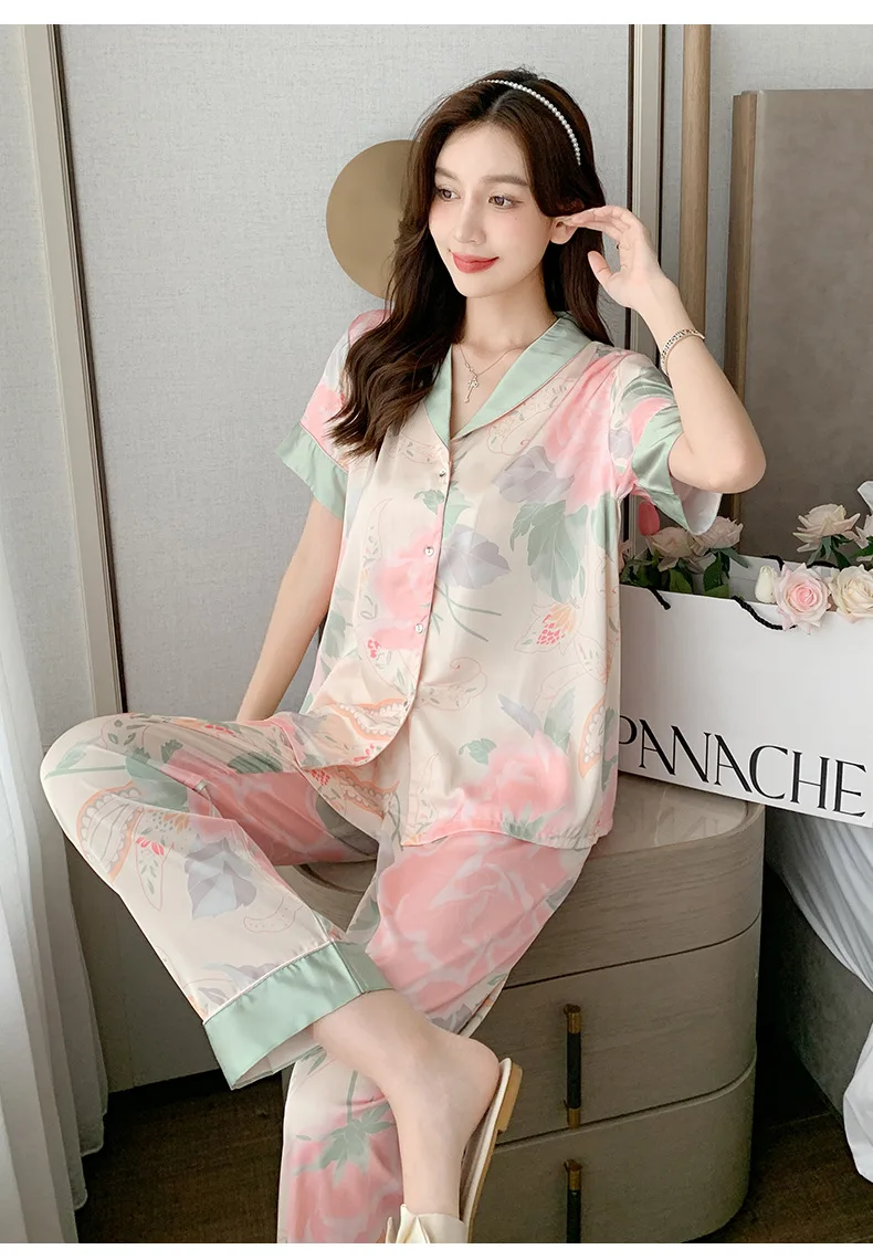 Casual Lapel Trousers Sleepwear Short Sleeve Long Loose Two -PCS Set - Image 4