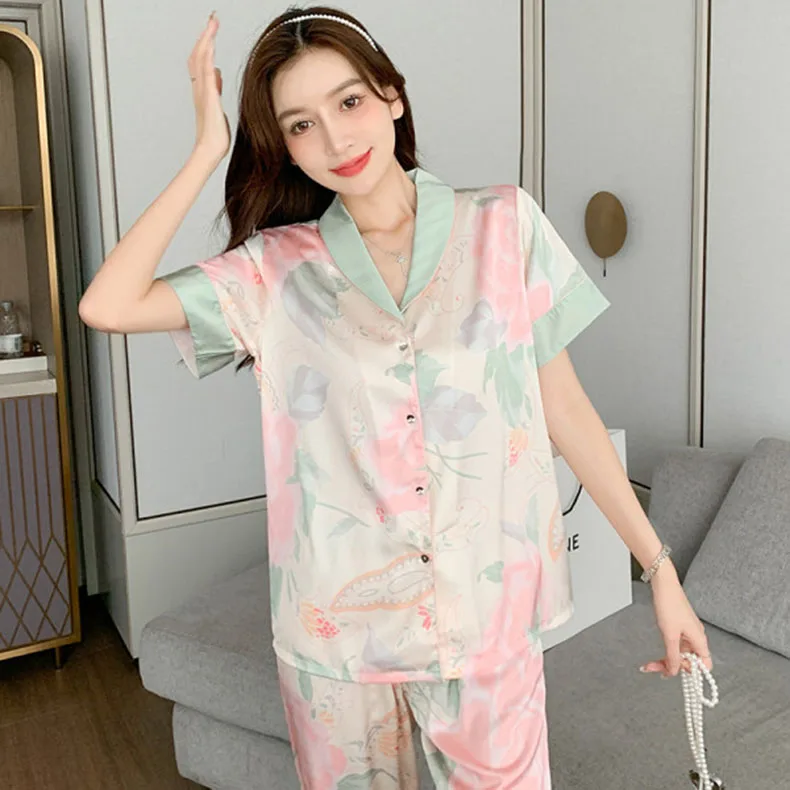 Casual Lapel Trousers Sleepwear Short Sleeve Long Loose Two -PCS Set - Image 5