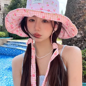 Casual Large Brim Bucket Fresh Plaid Print Long Streamer Outdoor Travel Sun Hats