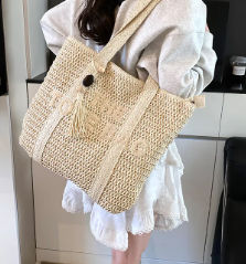 Casual Large Capacity Woven Straw Zipper Woven Shoulder Tote Bag