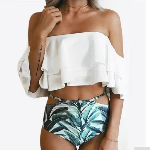 Casual Leaf Print Bikini Ruffle Push Up Bathing Edge Bra Swimwear