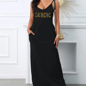 Casual Letter Printed V-neck Suspender Comfortable Breathable Dress