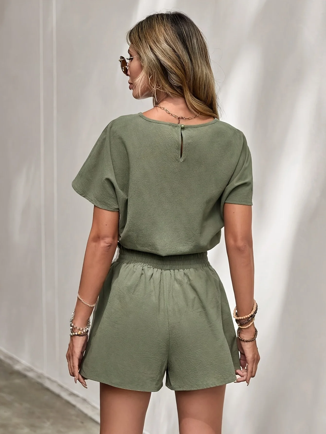 Casual Loose Comfortable Fashion Round Neck Elastic Waist Shorts Top Trouser Playsuit - Image 5