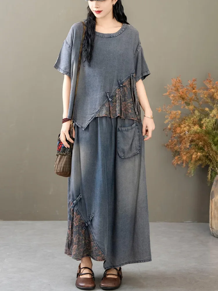 Casual Loose Printed Denim Outfits Vintage Tops Big Size Floral Skirt 2 Pieces Sets - Image 2