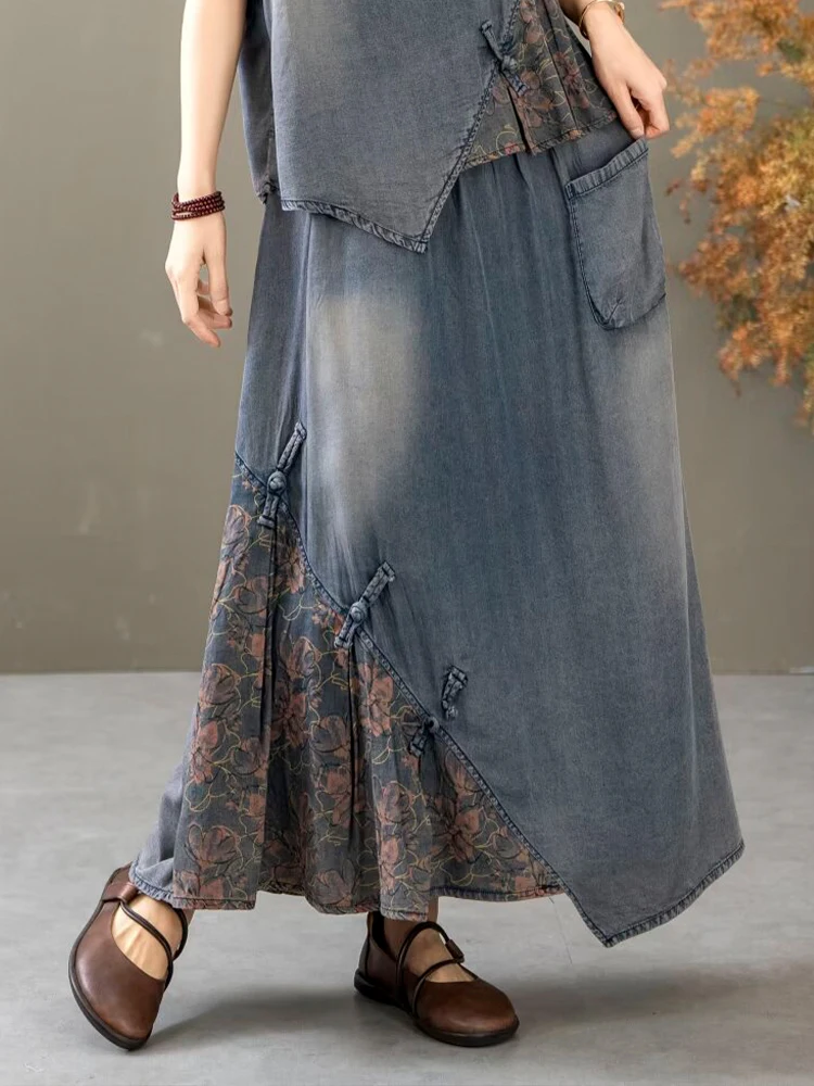 Casual Loose Printed Denim Outfits Vintage Tops Big Size Floral Skirt 2 Pieces Sets - Image 10