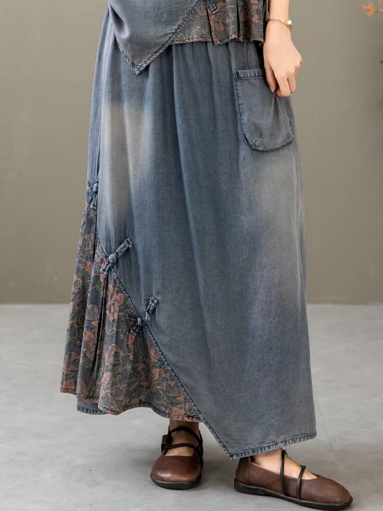 Casual Loose Printed Denim Outfits Vintage Tops Big Size Floral Skirt 2 Pieces Sets - Image 11