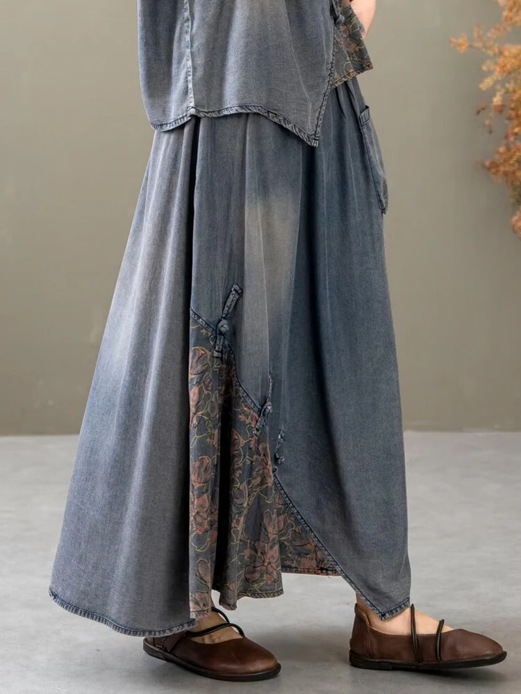 Casual Loose Printed Denim Outfits Vintage Tops Big Size Floral Skirt 2 Pieces Sets - Image 12