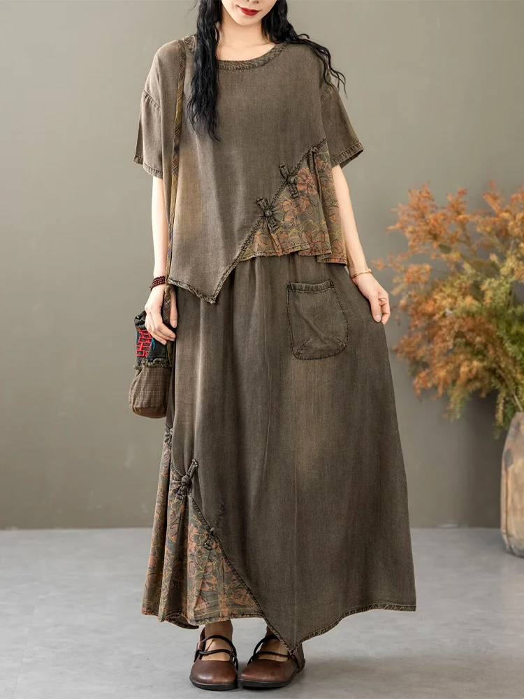 Casual Loose Printed Denim Outfits Vintage Tops Big Size Floral Skirt 2 Pieces Sets - Image 14