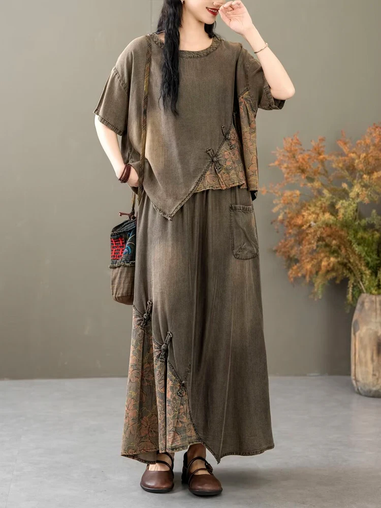 Casual Loose Printed Denim Outfits Vintage Tops Big Size Floral Skirt 2 Pieces Sets - Image 13