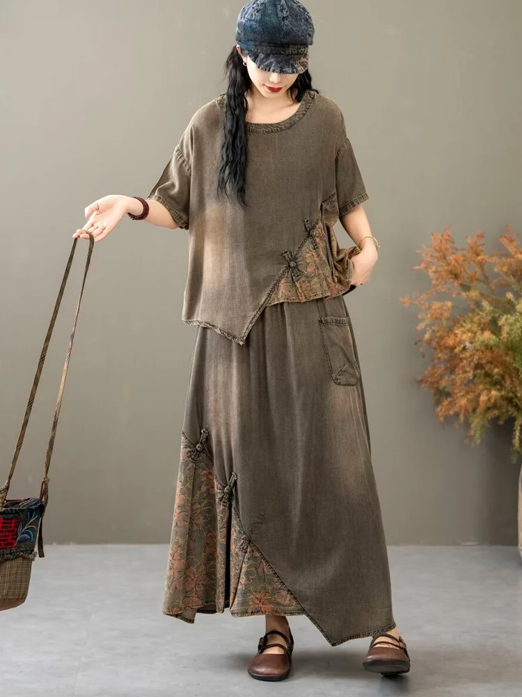 Casual Loose Printed Denim Outfits Vintage Tops Big Size Floral Skirt 2 Pieces Sets - Image 15