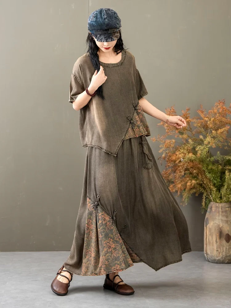 Casual Loose Printed Denim Outfits Vintage Tops Big Size Floral Skirt 2 Pieces Sets - Image 16