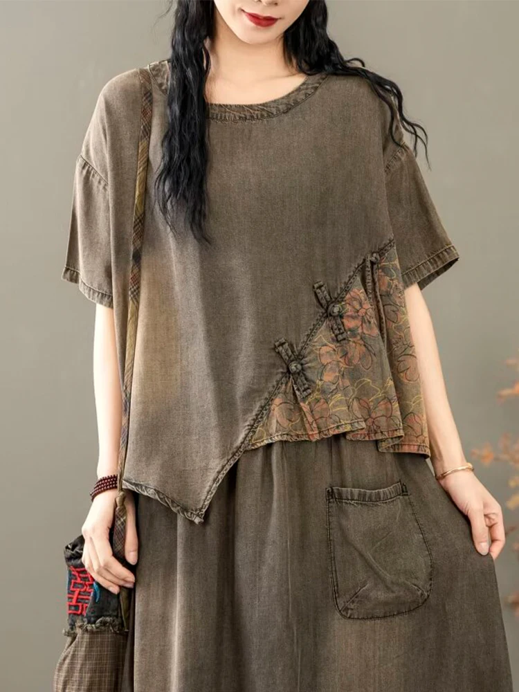 Casual Loose Printed Denim Outfits Vintage Tops Big Size Floral Skirt 2 Pieces Sets - Image 17