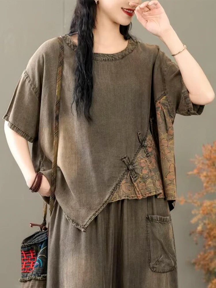 Casual Loose Printed Denim Outfits Vintage Tops Big Size Floral Skirt 2 Pieces Sets - Image 18