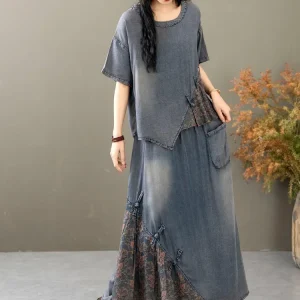 Casual Loose Printed Denim Outfits Vintage Tops Big Size Floral Skirt 2 Pieces Sets