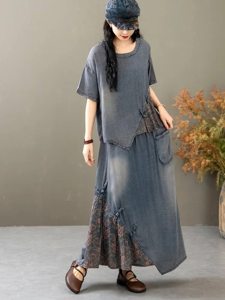 Casual Loose Printed Denim Outfits Vintage Tops Big Size Floral Skirt 2 Pieces Sets