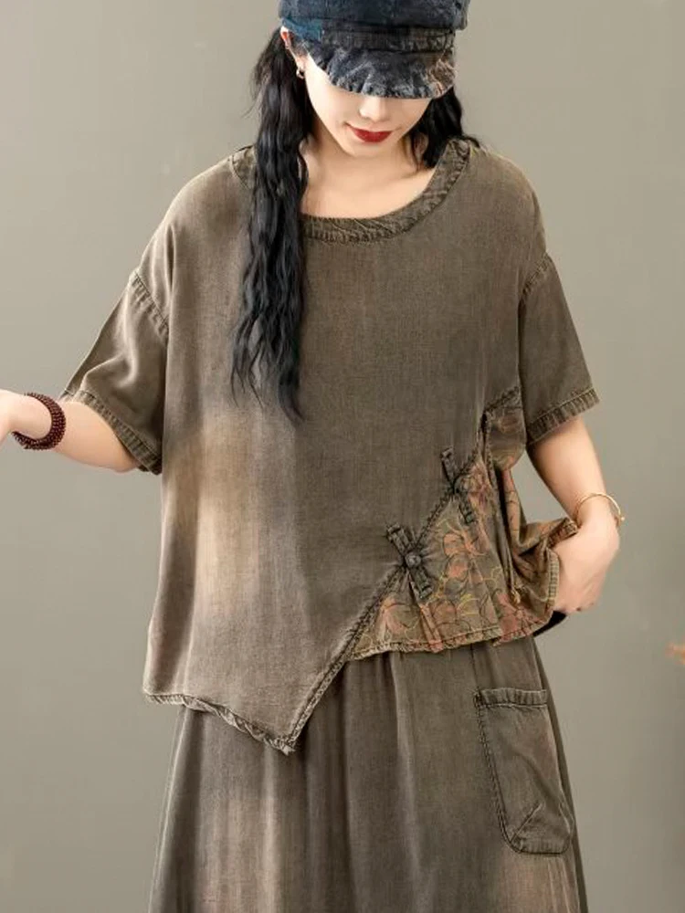 Casual Loose Printed Denim Outfits Vintage Tops Big Size Floral Skirt 2 Pieces Sets - Image 19