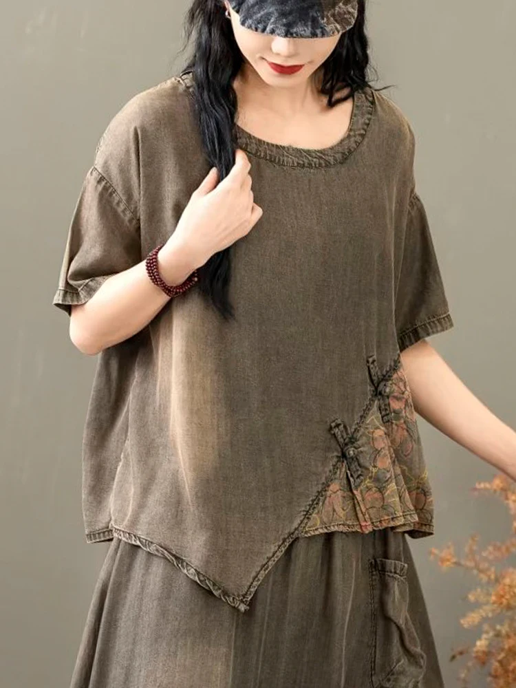 Casual Loose Printed Denim Outfits Vintage Tops Big Size Floral Skirt 2 Pieces Sets - Image 20