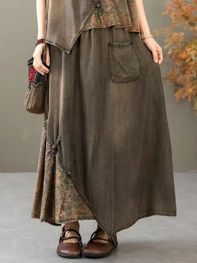 Casual Loose Printed Denim Outfits Vintage Tops Big Size Floral Skirt 2 Pieces Sets - Image 21