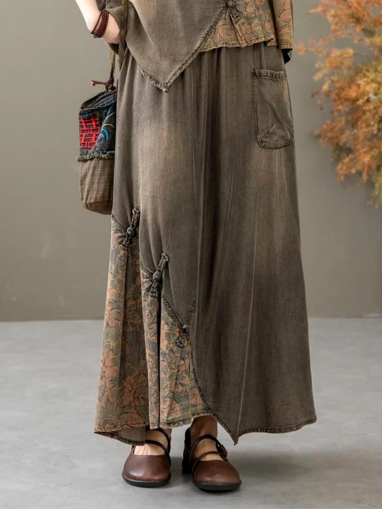 Casual Loose Printed Denim Outfits Vintage Tops Big Size Floral Skirt 2 Pieces Sets - Image 22