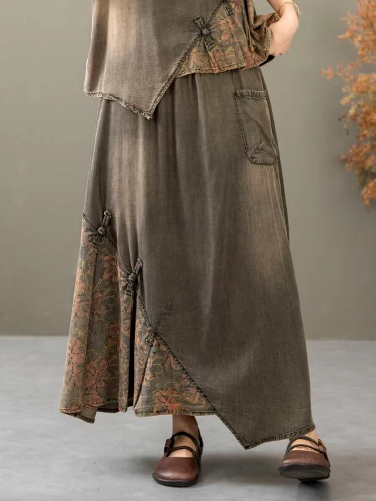 Casual Loose Printed Denim Outfits Vintage Tops Big Size Floral Skirt 2 Pieces Sets - Image 23