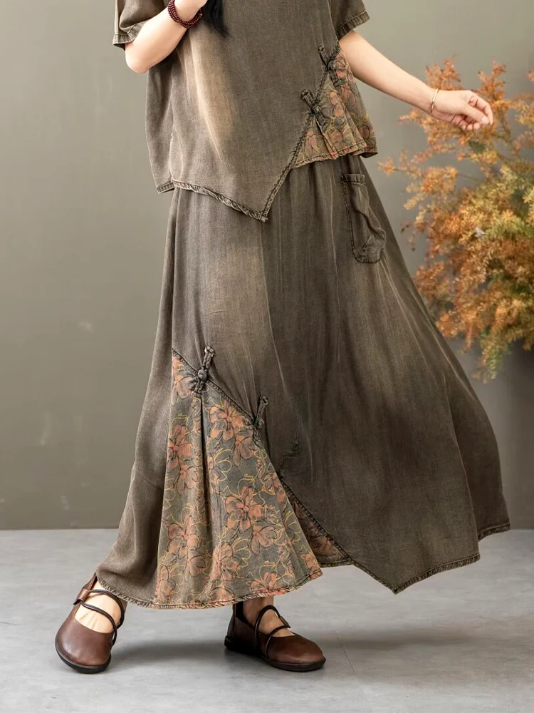 Casual Loose Printed Denim Outfits Vintage Tops Big Size Floral Skirt 2 Pieces Sets - Image 24