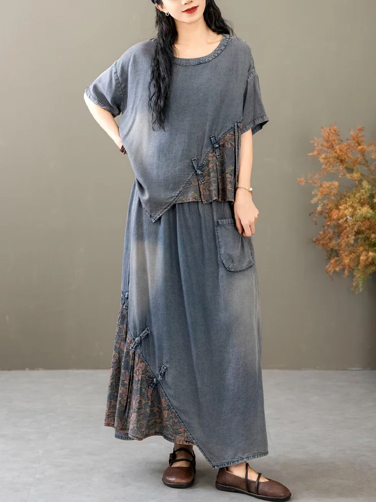 Casual Loose Printed Denim Outfits Vintage Tops Big Size Floral Skirt 2 Pieces Sets - Image 3