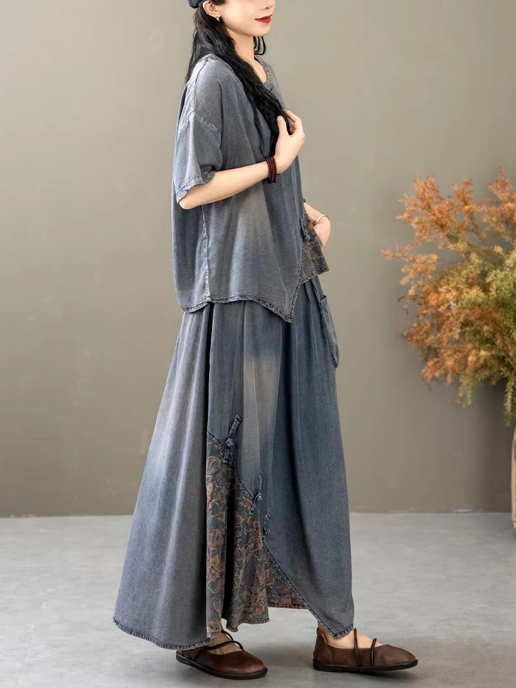 Casual Loose Printed Denim Outfits Vintage Tops Big Size Floral Skirt 2 Pieces Sets - Image 4